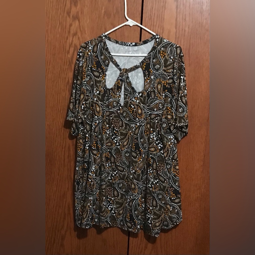 Jessica London Size 22/24 Paisley Keyhole Short-Sleeve Top Shirt - Black & Brown